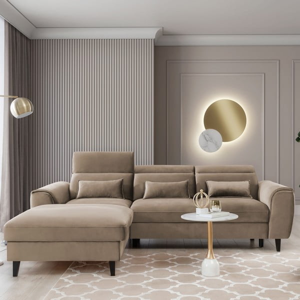 Divano angolare marrone chiaro allungabile/con contenitore (con penisola a sinistra/con chaise lounge) e rivestimento in velluto Foble – ELTAP-image-1