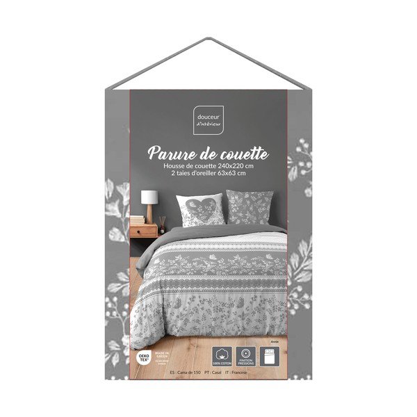 Set copripiumino e federa bianco/grigio in cotone per letto matrimoniale/per letto esteso 3 pezzi 240x220 cm Annie – douceur d'intérieur-image-3