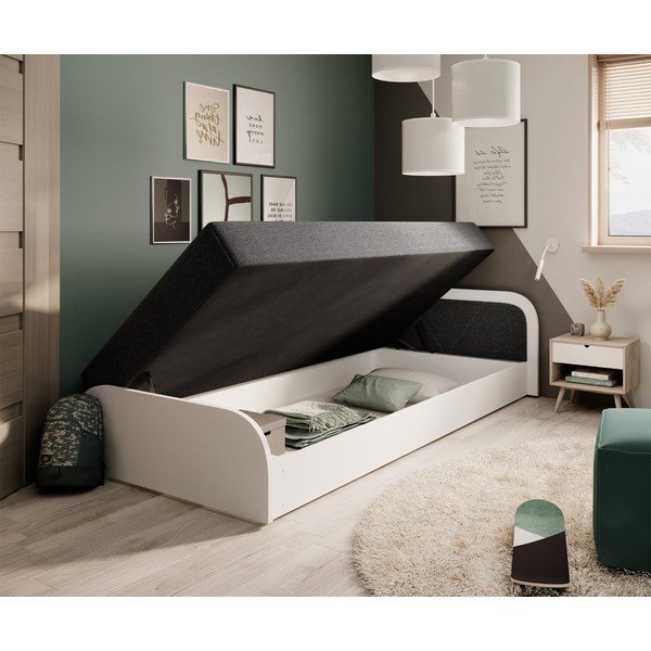 Letto singolo imbottito/in truciolato bianco/grigio scuro con contenitore e materasso inclusi 80x190 cm Parys – ELTAP-image-2