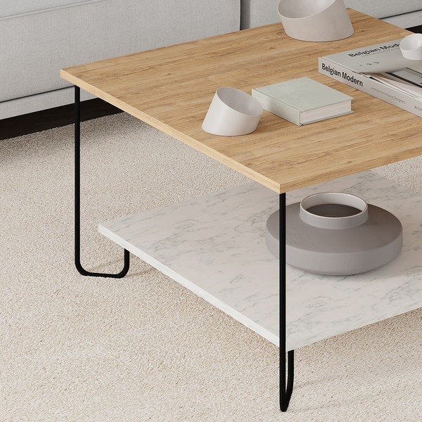 Tavolino con piano in rovere decorato in bianco e naturale 80x80 cm Tonka - Marckeric-image-2