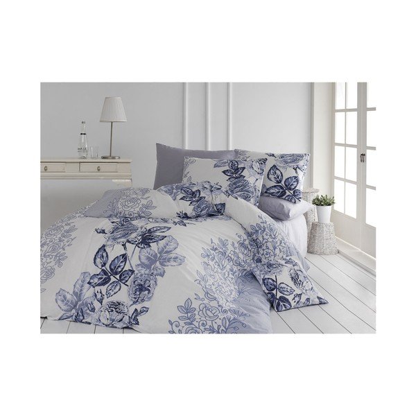 Modro-bílé bavlněné povlečení s prostěradlem na dvoulůžko Lamer, 200 x 220 cm 