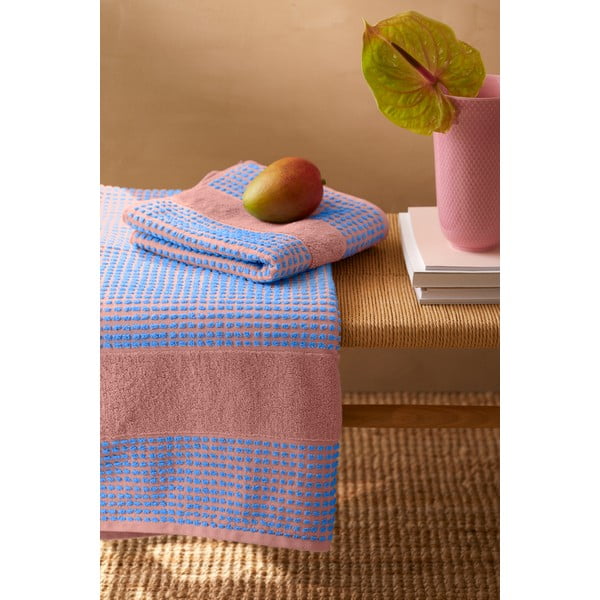 Asciugamano blu e rosa in spugna di cotone biologico 70x140 cm Check - JUNA-image-1