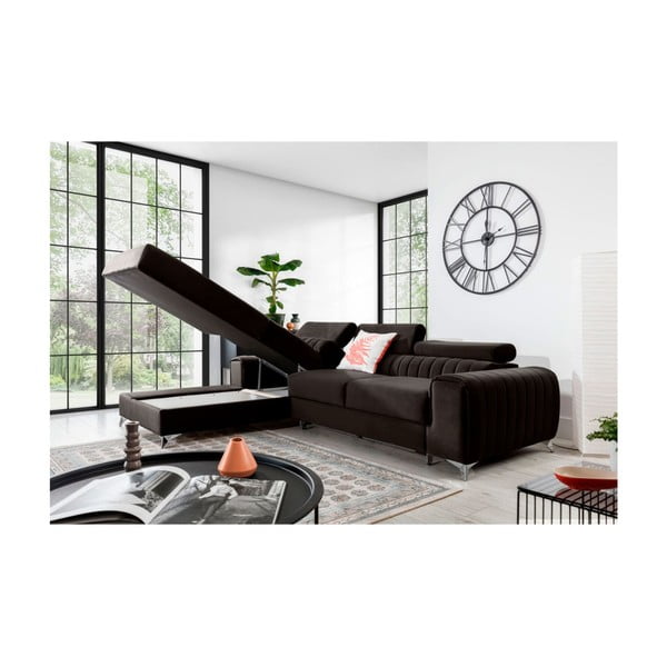 Divano angolare marrone scuro allungabile/con contenitore (con penisola a sinistra/con chaise lounge) e rivestimento in velluto Grayson – ELTAP-image-3