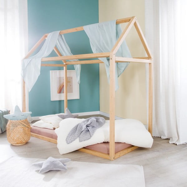 Letto da bambini a forma di casa di colore naturale in bambù con materasso incluso e rete non inclusa 70x140 cm House Bed – Roba-image-3