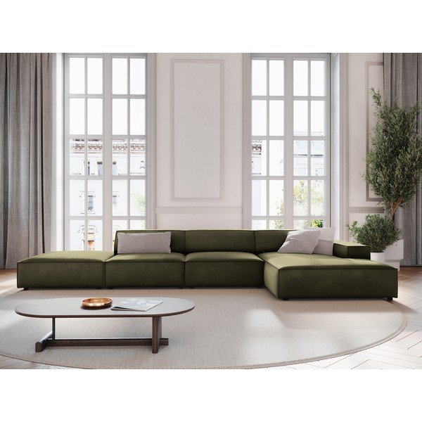 Divano angolare componibile color kaki (con penisola a destra/con chaise lounge) con rivestimento in velluto Jodie – Micadoni -image-1