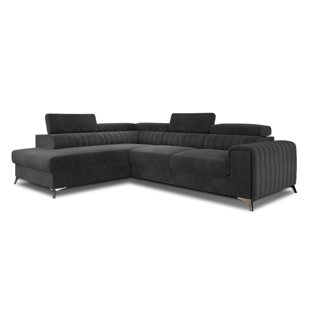 Divano angolare grigio scuro allungabile/con contenitore (con penisola a sinistra/a L) e rivestimento in velluto Laurence – ELTAP | Divani ad angolo