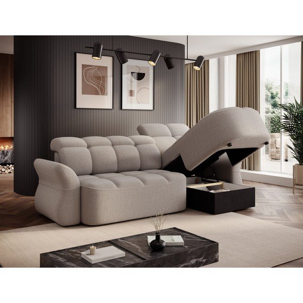 Divano angolare beige allungabile/con contenitore (con penisola a destra/con chaise lounge) e rivestimento in bouclé Beneth – ELTAP-image-4