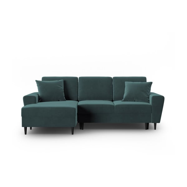 Divano angolare color petrolio allungabile e con contenitore (con penisola a sinistra/con chaise lounge) con rivestimento in velluto Kyoto – Cosmopolitan Design