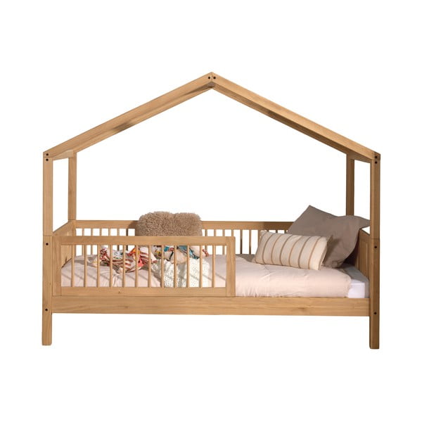 Letto da bambini a forma di casa di colore naturale in rovere massiccio con rete inclusa 90x200 cm Forrest – Vipack