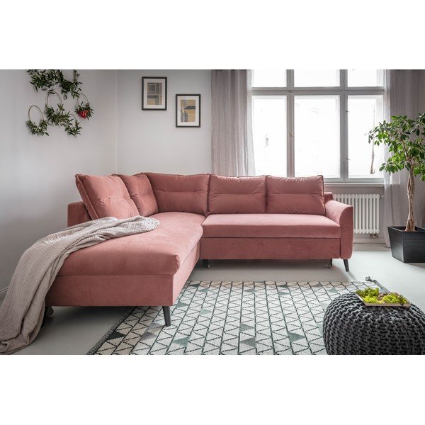 Divano letto angolare in velluto rosa L, angolo sinistro Stylish Stan - Miuform-image-1