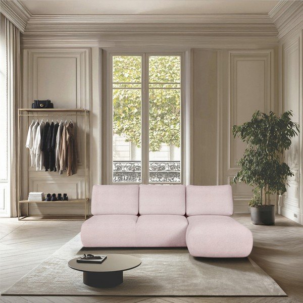 Divano angolare rosa chiaro (con penisola a destra e chaise lounge) rivestito in bouclé Mirel – Rodier-image-1
