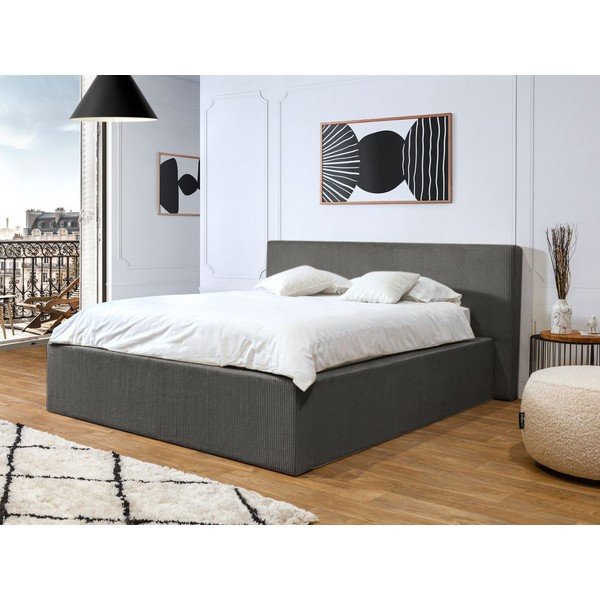 Letto matrimoniale imbottito grigio scuro con contenitore con griglia 160x200 cm Nihad - Bobochic Paris-image-1