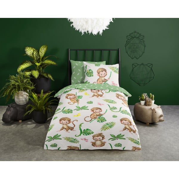 Set copripiumino e federa da bambini verde/beige in cotone per letto singolo 140x200 cm Play – Good Morning-image-1