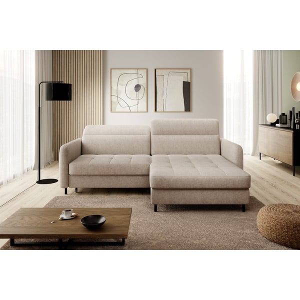 Divano angolare beige allungabile/con contenitore (con penisola a destra/con chaise lounge) e rivestimento in ciniglia Gomsi – ELTAP-image-1