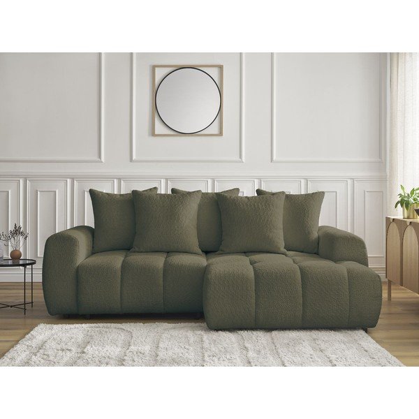 Divano angolare color kaki allungabile/con contenitore (con penisola a destra/con chaise lounge) con rivestimento in bouclé Roxelane – Bobochic Paris-image-1