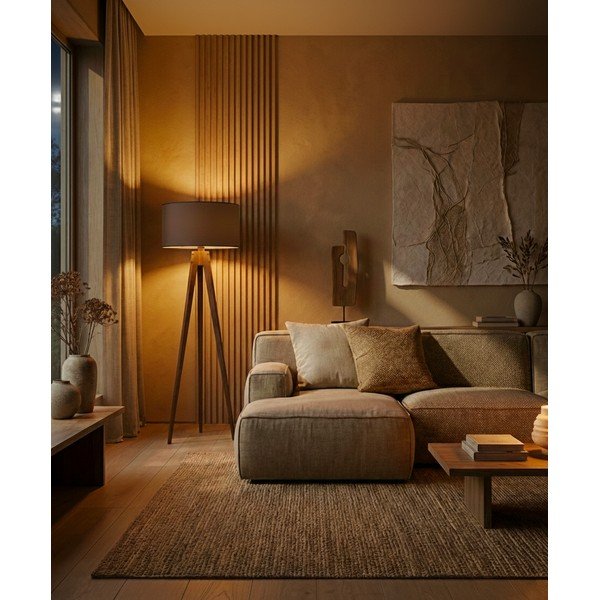 Lampada da terra nera/marrone con paralume in tessuto (altezza totale 153 cm) Tripod – Opviq lights-image-1