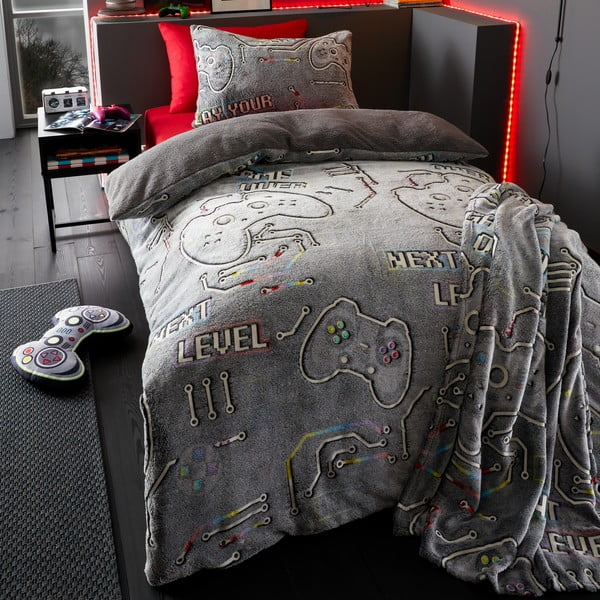 Coperta grigia per neonati con effetto luminoso in micropile 130x170 cm Game Over - Catherine Lansfield-image-1