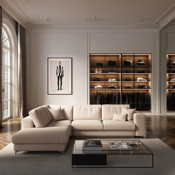 Divano angolare beige allungabile e con contenitore (con penisola a sinistra e forma a L) rivestito in bouclé Rene – Rodier-image-1