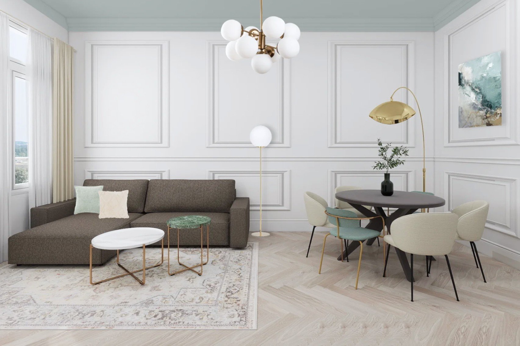 Il design della zona giorno gioca con i soffitti alti, la simmetria e i dettagli glamour delicati.