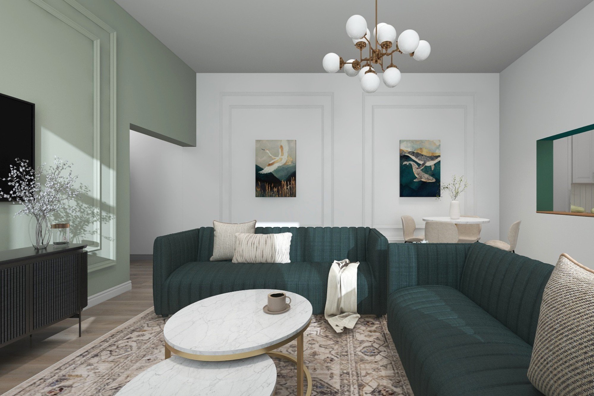 Il divano, elemento distintivo del progetto, è stato concepito come il fulcro naturale dell'intero soggiorno, attorno al quale si svolge la vita quotidiana. I colori e la disposizione dei mobili contribuiscono a creare una sensazione di apertura e comfort.