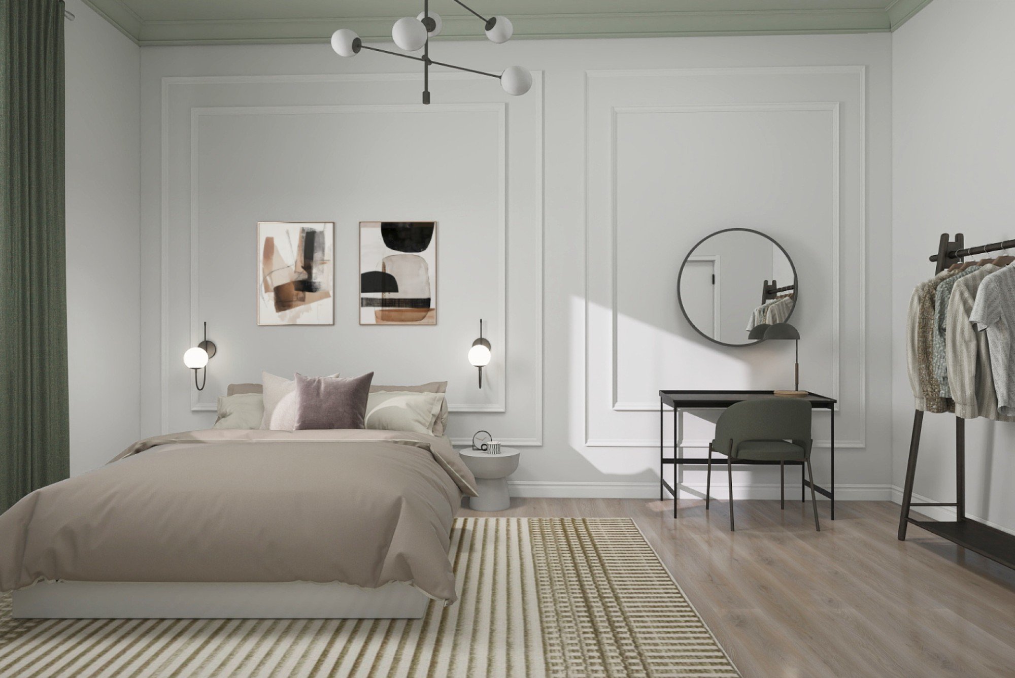 Il progetto gioca con colori delicati e una suddivisione intelligente dello spazio, dove la camera da letto e l'angolo lavoro convivono in modo naturale.