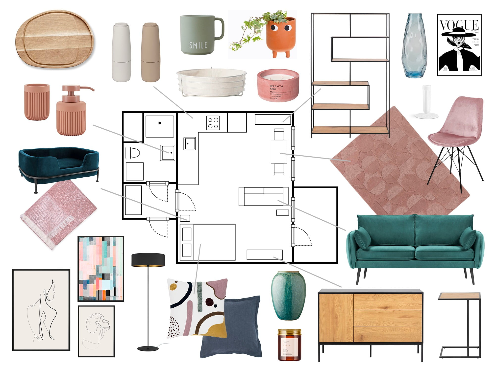 Pianta di un piccolo appartamento openspace con soggiorno e zona notte.