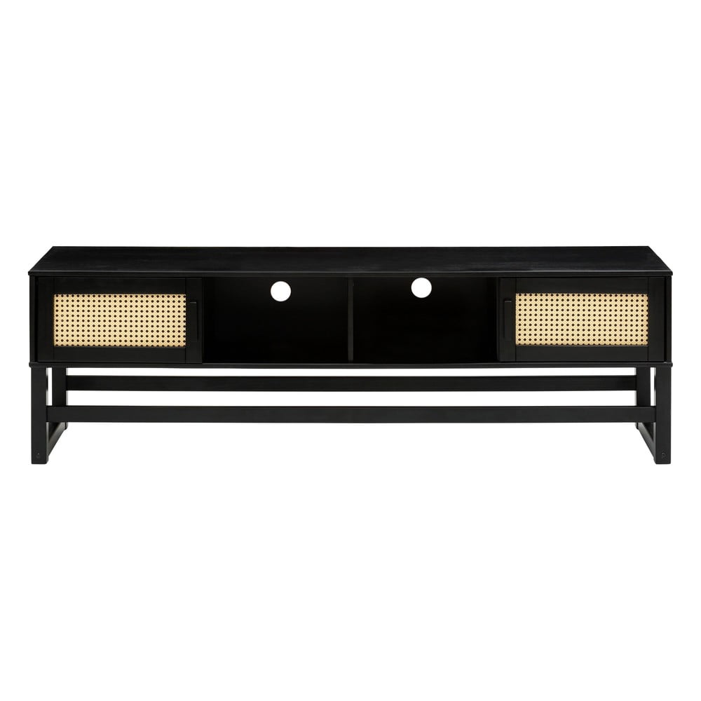 Tavolo TV nero in legno di pino con ante in rattan Jolene - Støraa | Mobili TV
