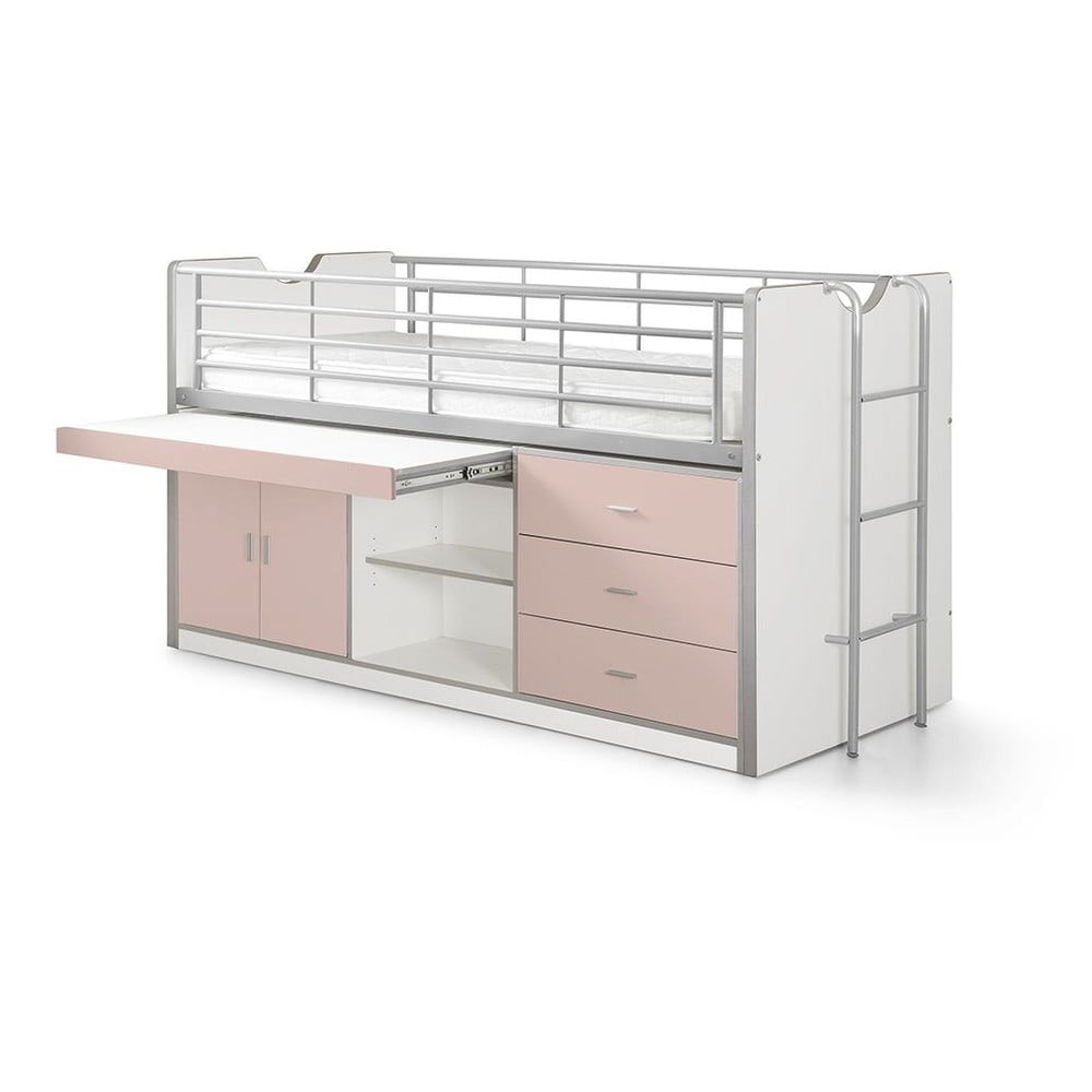 Letto da bambini rialzato bianco/rosa con contenitore con rete inclusa 90x200 cm Bonny – Vipack | Letti per bambini