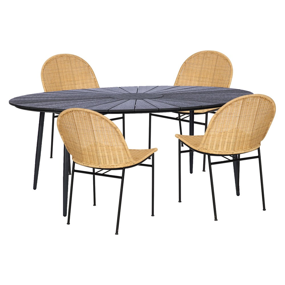 Set di 4 sedie da pranzo in rattan Sofia e tavolo nero Marienlis - Bonami Essentials | Set per zona pranzo da giardino