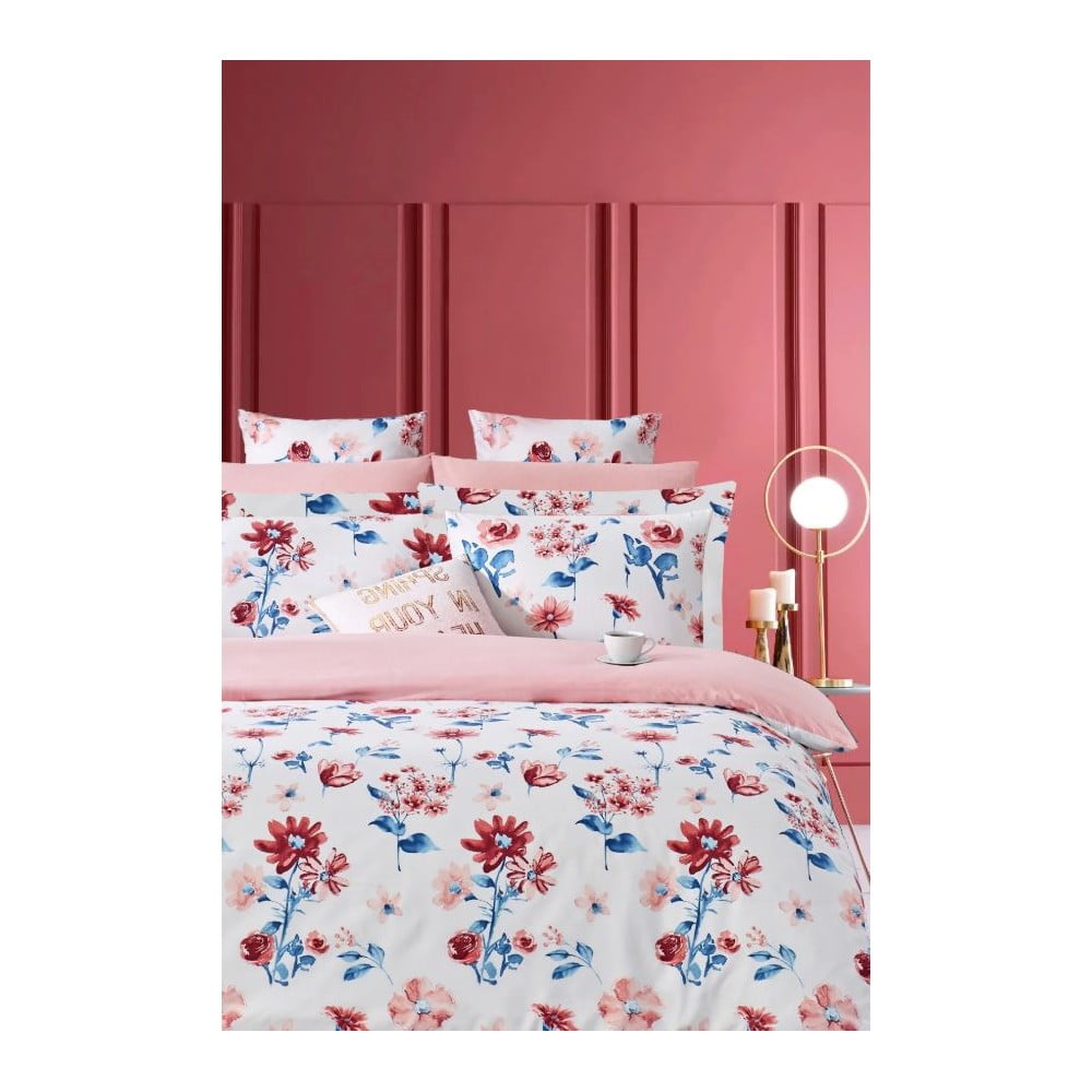 Biancheria da letto bianca/rosa in cotone renforcé per letto matrimoniale/per letto esteso con lenzuolo incluso/4 pezzi 200x220 cm – Mila Home | Biancheria da letto