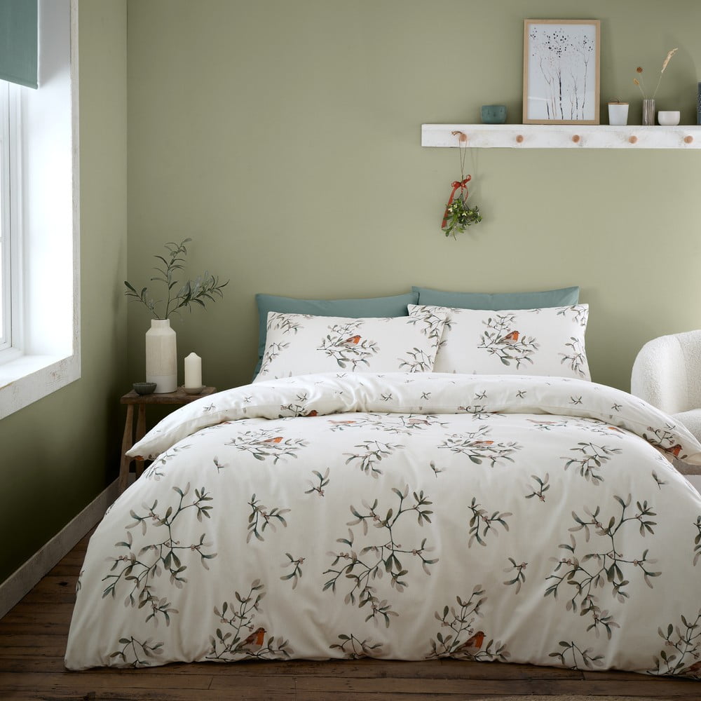 Biancheria da letto in flanella crema per letto matrimoniale 200x200 cm Mistletoe Robins - Catherine Lansfield | Biancheria da letto