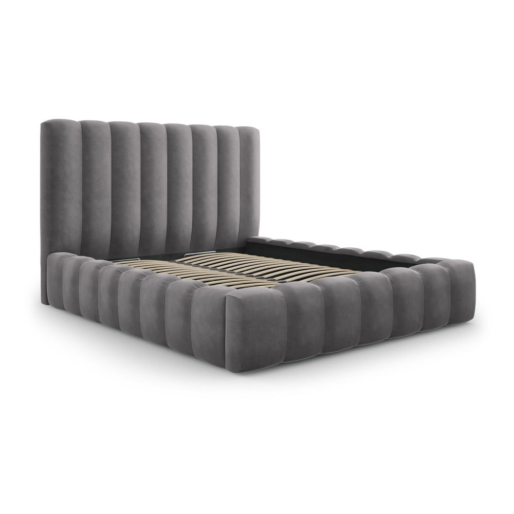 Letto matrimoniale imbottito grigio con contenitore con griglia 200x200 cm Kelp - Micadoni Home | Letti matrimoniali