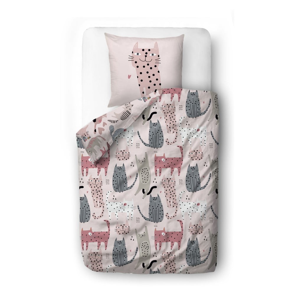 Set copripiumino e federa da bambini rosa in raso di cotone per letto singolo 140x200 cm Meow Meow – Butter Kings | Biancheria da letto per bambini