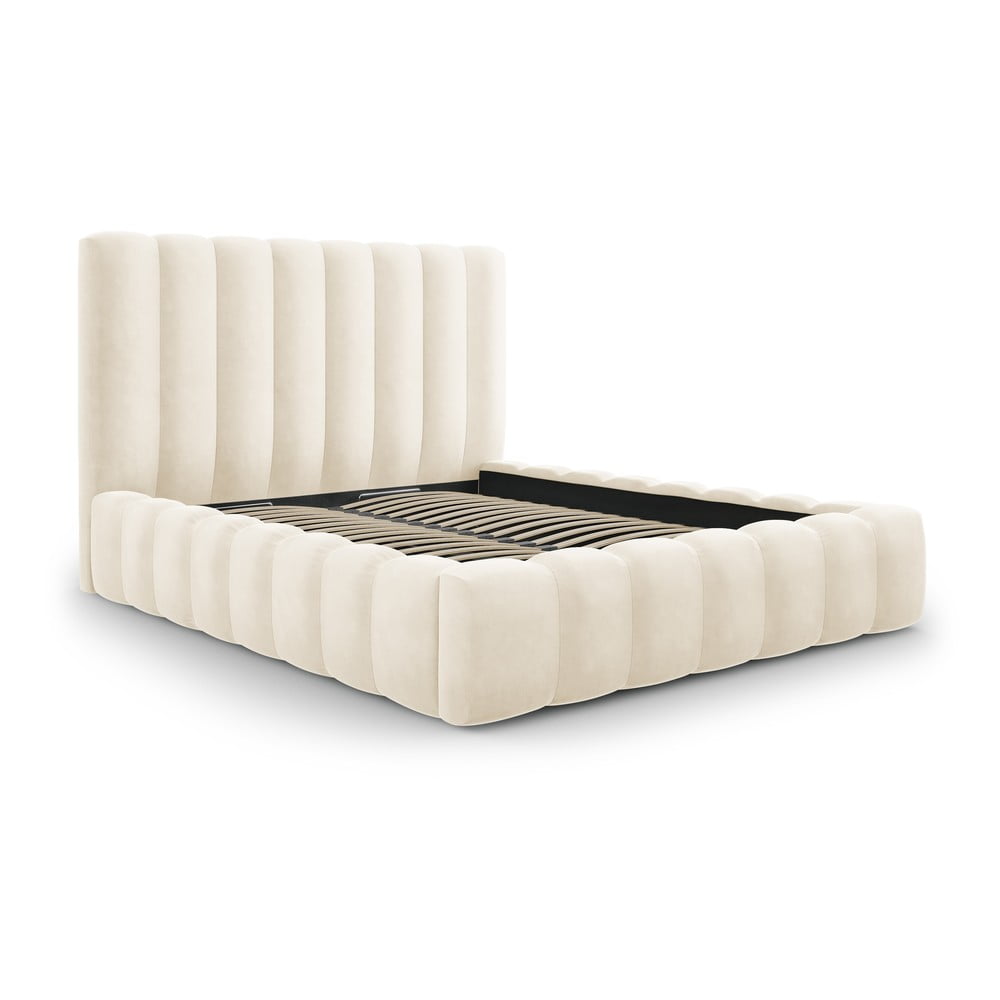 Letto matrimoniale imbottito beige con contenitore con griglia 160x200 cm Kelp - Micadoni Home | Letti matrimoniali