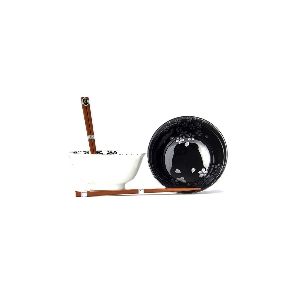 Set di 2 ciotole e bacchette in ceramica bianca e nera Sakura - MIJ | Set da sushi