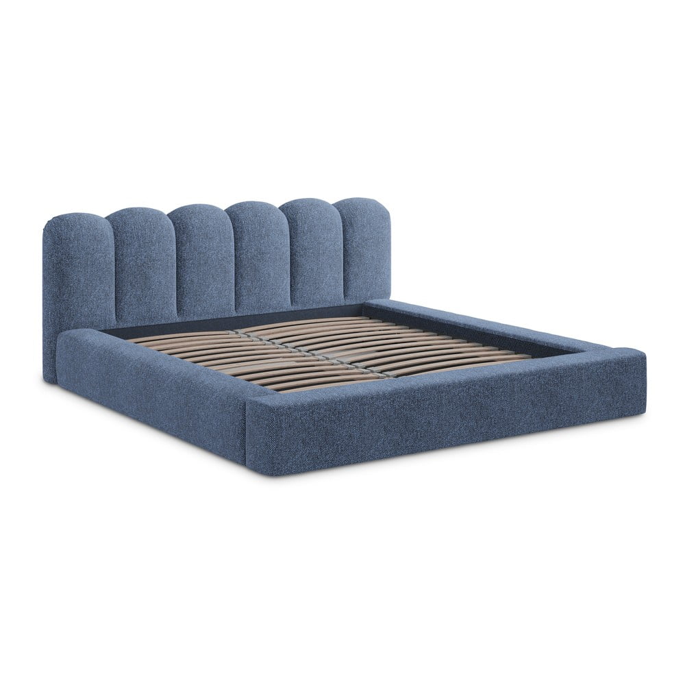 Letto matrimoniale imbottito blu con contenitore con griglia 180x200 cm Mano - Makamii | Letti matrimoniali