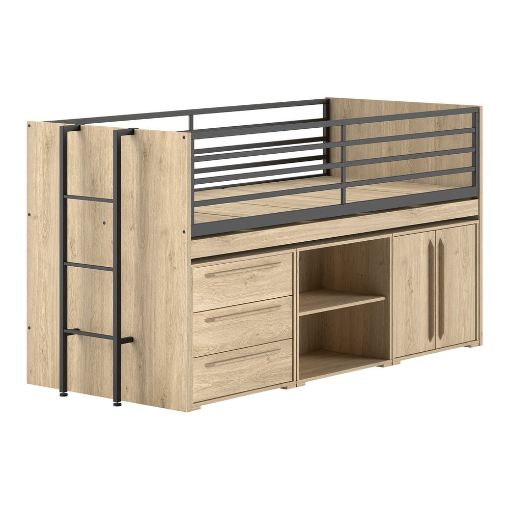 Letto da bambini rialzato di colore naturale con contenitore con rete inclusa 90x200 cm Sam – Vipack | Letti per bambini