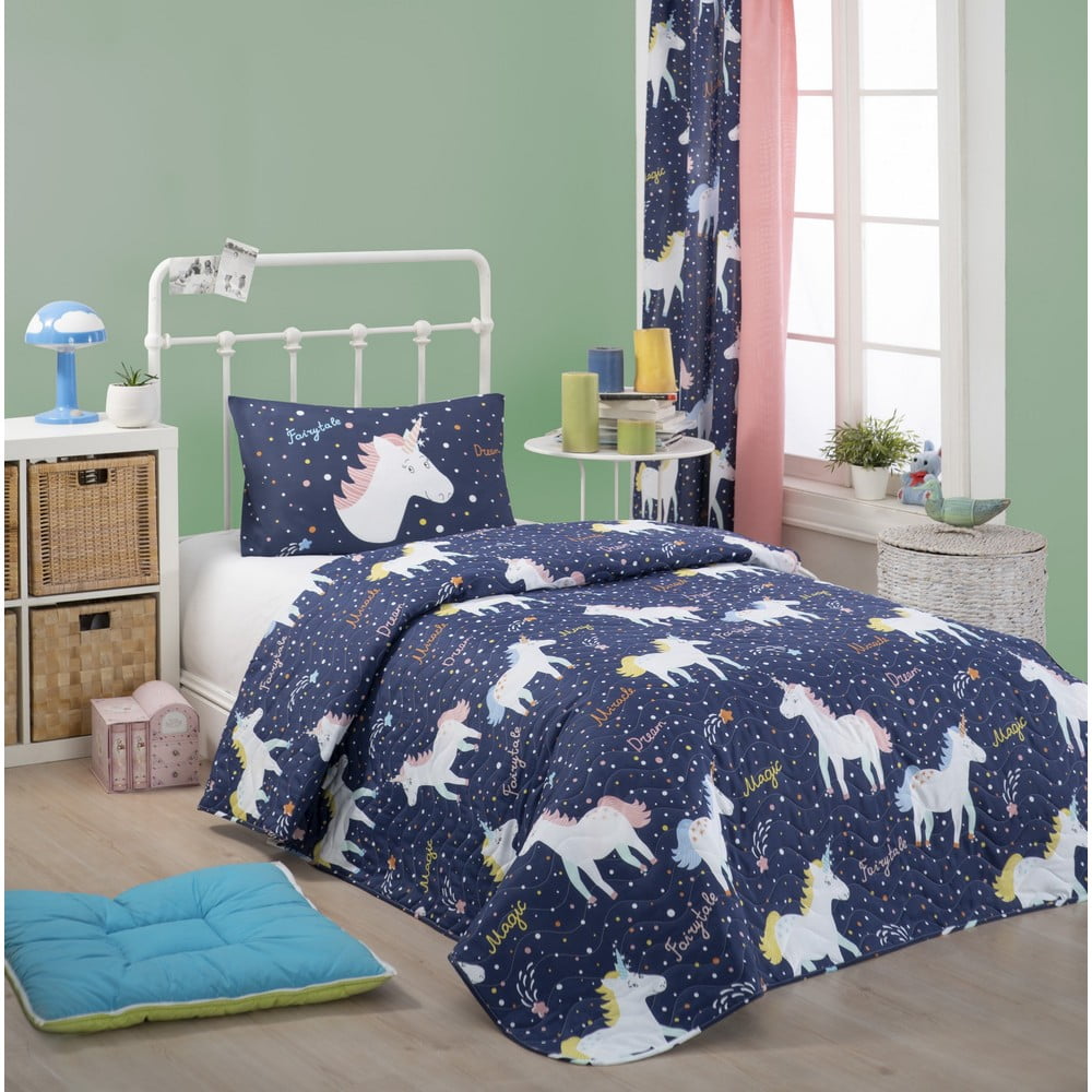 Set con copriletto e federa blu per letto singolo 160x220 cm Magic Unicorn – Mijolnir | Copriletti per bambini
