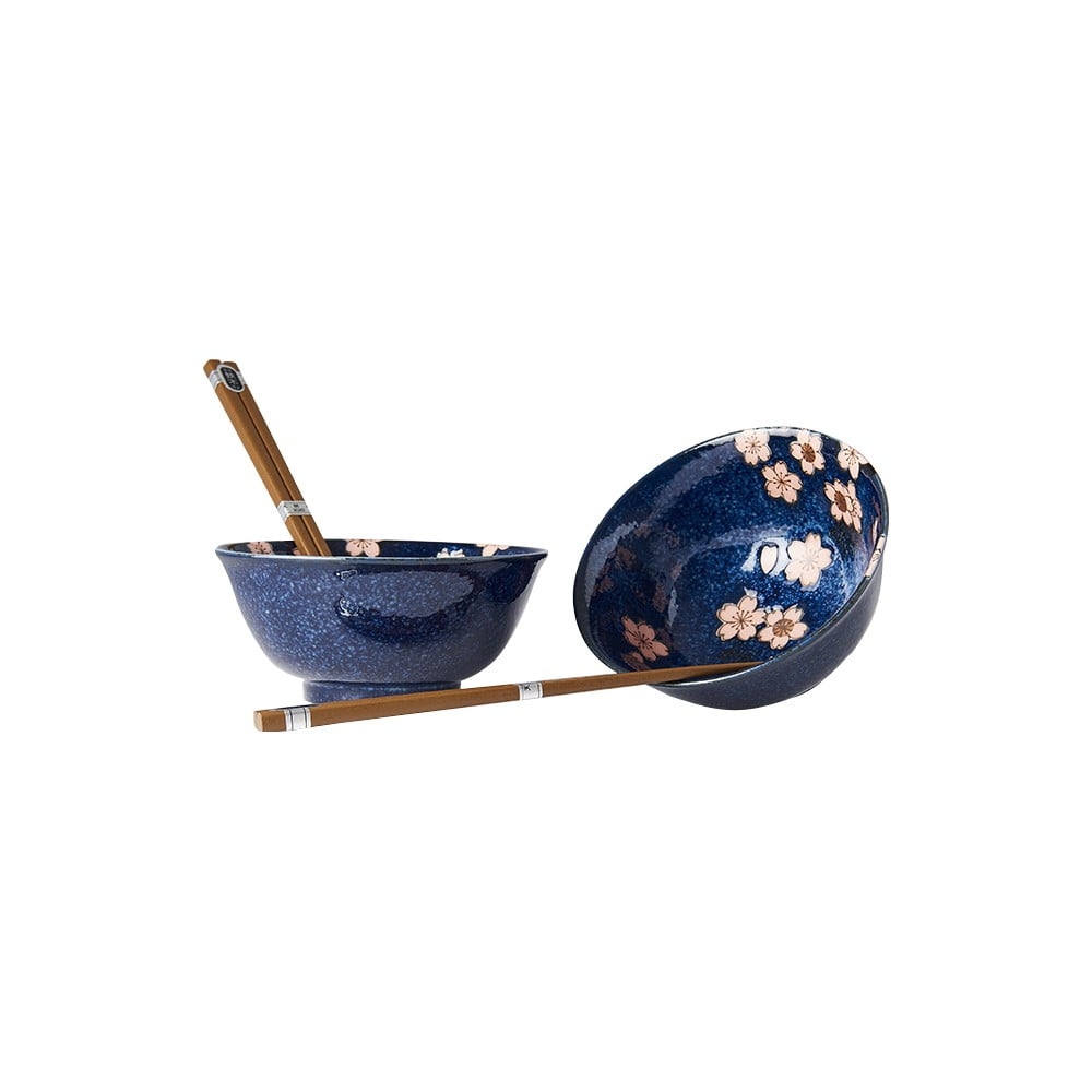 Set di 2 ciotole e bacchette in ceramica blu Rosa Sakura - MIJ | Set da sushi