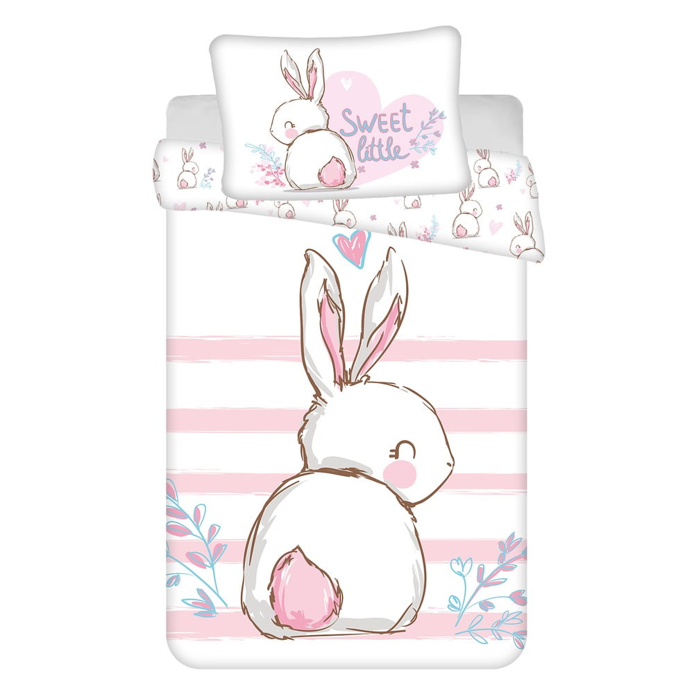 Lenzuola per culla in cotone bianco e rosa 100x135 cm Bunny "Sweet" - Jerry Fabrics | Biancheria da letto per bambini