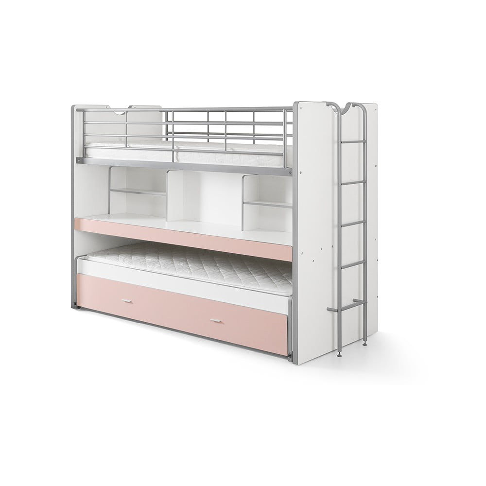 Letto da bambini a castello/estraibile bianco/rosa con contenitore/con scrivania con rete inclusa 90x200 cm Bonny – Vipack | Letti per bambini