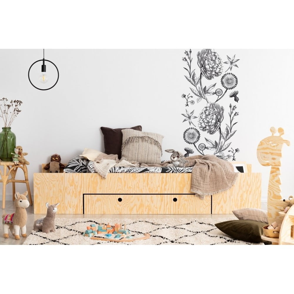 Letto da bambini estraibile di colore naturale con contenitore con rete inclusa 70x160 cm MLC – Adeko | Letti per bambini
