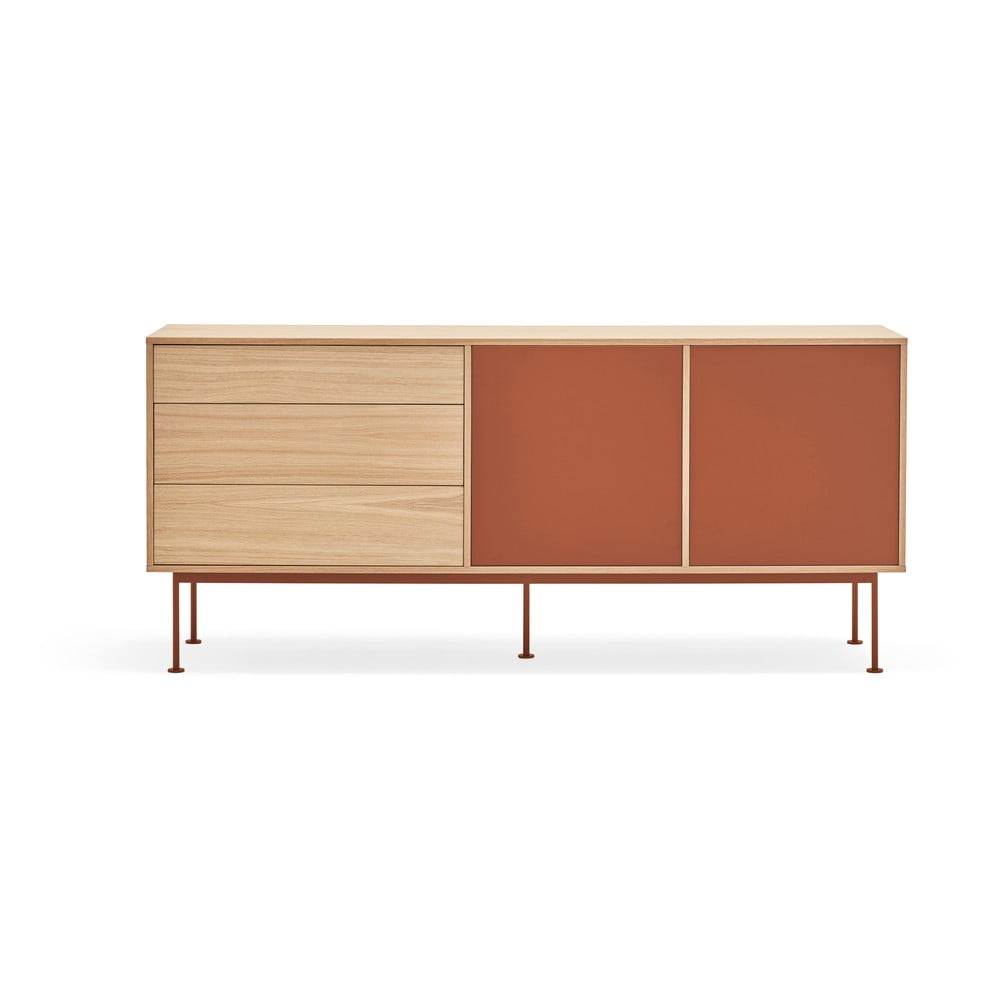 Cassettiera rosso mattone impiallacciata in rovere, larghezza 180 cm Yoko - Teulat | Cassettiere