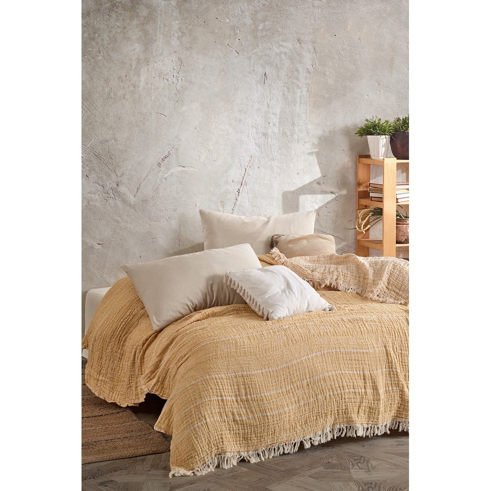 Copriletto giallo in mussola per letto matrimoniale 220x240 cm Etno - Mijolnir | Copriletti