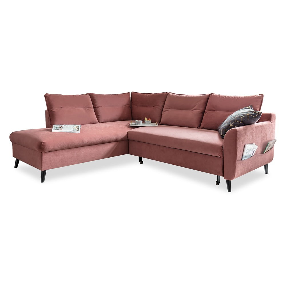 Divano letto angolare in velluto rosa L, angolo sinistro Stylish Stan - Miuform | Divani ad angolo