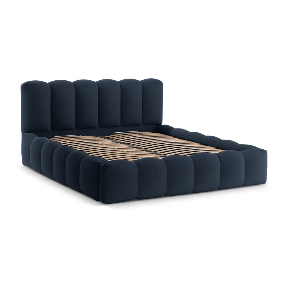 Letto matrimoniale imbottito in blu scuro con contenitore con rete inclusa 180x200 cm Lupine – Micadoni  | Letti matrimoniali