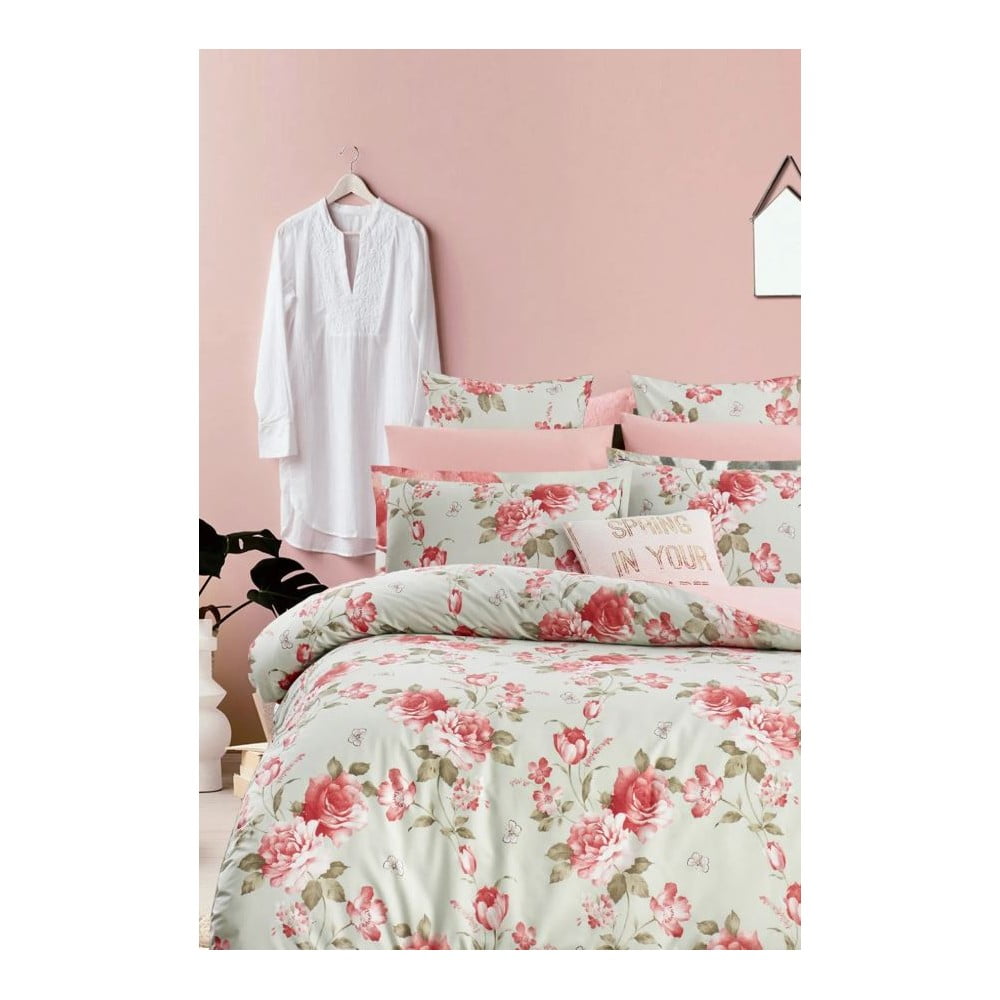 Biancheria da letto verde/rosa in cotone renforcé per letto matrimoniale/per letto esteso con lenzuolo incluso/4 pezzi 200x220 cm – Mila Home | Biancheria da letto